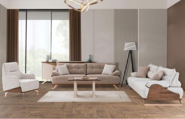 Zëtzergarnitur Dräisëtzer Fauteuil Sofa Polstersofa Stoffsëff Beige 3tlg