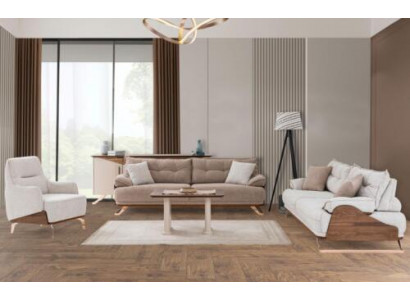 Zëtzergarnitur Dräisëtzer Fauteuil Sofa Polstersofa Stoffsëff Beige 3tlg