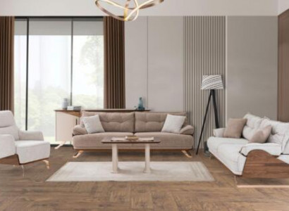 Zëtzergarnitur Dräisëtzer Fauteuil Sofa Polstersofa Stoffsëff Beige 3tlg