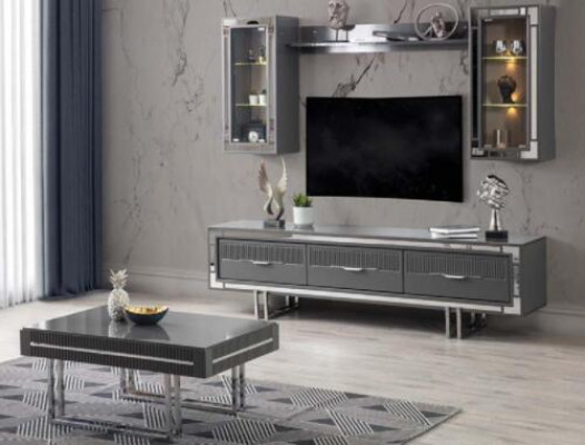 Wunnwand TV Stännerschreif, Couchtisch, RTV Lowboard, Gro Set, 3 Stéck