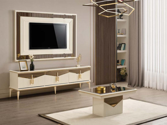 Luxus Wunnwand TV-Ständer Wandpanel Wunnzëmmer RTV Lowboard Gold