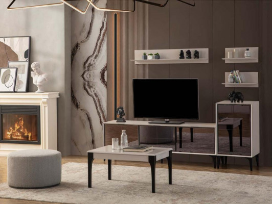 Säitestéck TV Stand RTV Lowboard Wäiss Holz Dësch Miwwel Wunnzëmmer