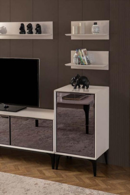Säitestéck TV Stand RTV Lowboard Wäiss Holz Dësch Miwwel Wunnzëmmer