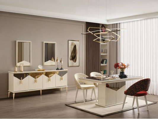 Iesszëmmerdësch Iessdësch Dësch Iesszëmmer Iesseck Beige Holz Gold Luxus