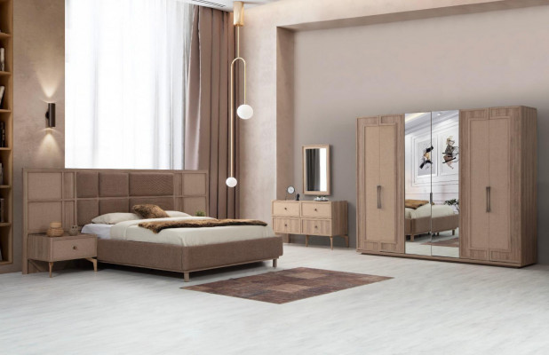 Béisz-Schlofzëmmer-Set Polsterbett 2x Nuetsdëscher Schminckdësch Schaf