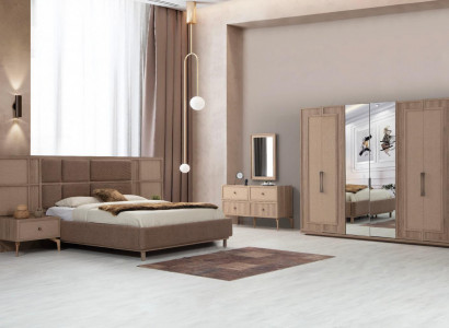 Béisz-Schlofzëmmer-Set Polsterbett 2x Nuetsdëscher Schminckdësch Schaf