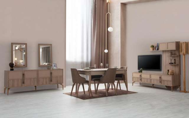 Modern Iesszëmmer Set aus Iessdësch+4x Stull+TV Lowboard+Anrichte 7tlg.