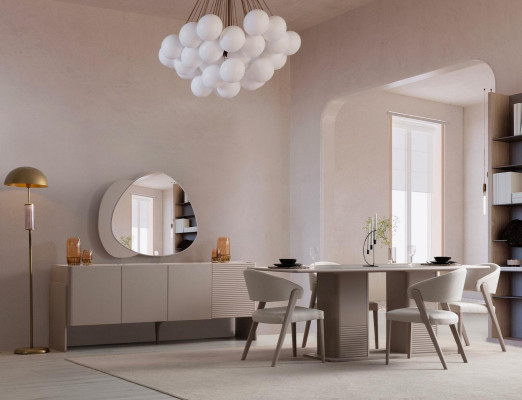 Luxuriéist Beige Iesszëmmer Set Holzdësch 4x Polsterstill Anricht 6tlg