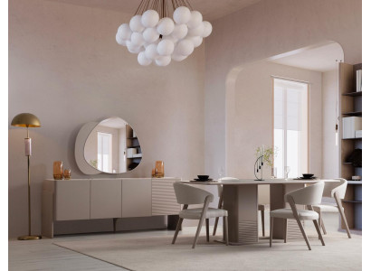 Luxuriéist Beige Iesszëmmer Set Holzdësch 4x Polsterstill Anricht 6tlg
