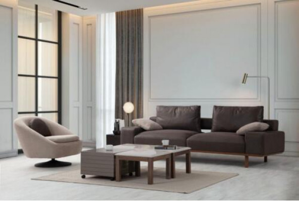 Brong-Beige Wunnzëmmer Sëtzgrupp Designer 3-Sëtzer Fauteuil Dësch.