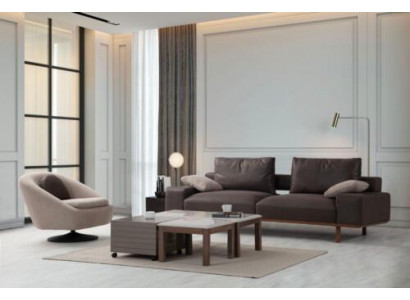 Brong-Beige Wunnzëmmer Sëtzgrupp Designer 3-Sëtzer Fauteuil Dësch.