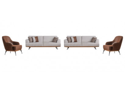 Luxuriéise Grom-Braun Wunnzëmmer Set mat zwee Drësëtzer-Sofaen an zwee Fautellen