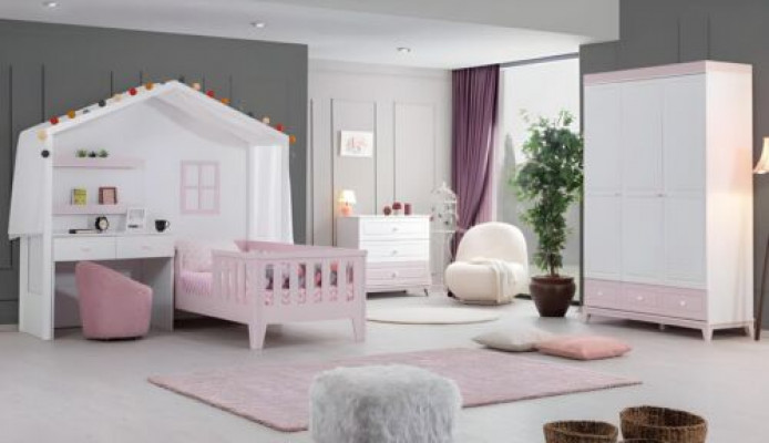 Kannerzëmmer Garnitur Modern Kandebett mat Schreifdësch Kommode Kleederschaf
