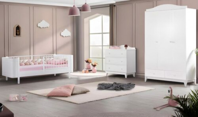 Modern Jugendzëmmer Kannerzëmmer Wäiss Set luxuriéis Bett Kleederschaf Kommoda