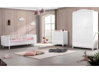 Modern Jugendzëmmer Kannerzëmmer Wäiss Set luxuriéis Bett Kleederschaf Kommoda