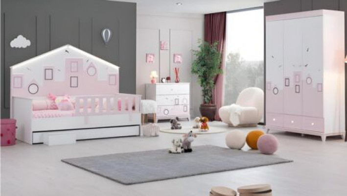 Kannerbett Rosa Kleederschaf Jugendzëmmer Kannerzëmmer Miwwelen 2-Stéck Set Holz