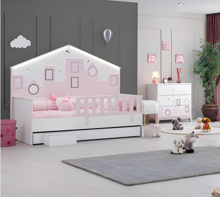 Kannerbett Rosa Kleederschaf Jugendzëmmer Kannerzëmmer Miwwelen 2-Stéck Set Holz