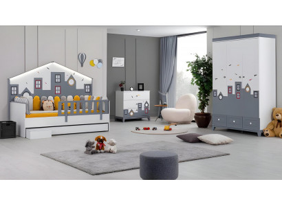 Modern Kannerzëmmer Set Kannerbett Kleederschaf Kommod Schlofzëmmer Nei