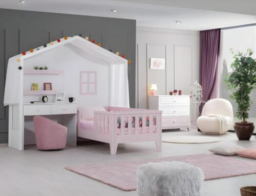 Komplett-Kannerzëmmer Garnitur Designer Kannerbett mat Schafpult Wäiss Kommode