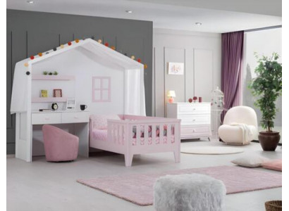 Komplett-Kannerzëmmer Garnitur Designer Kannerbett mat Schafpult Wäiss Kommode
