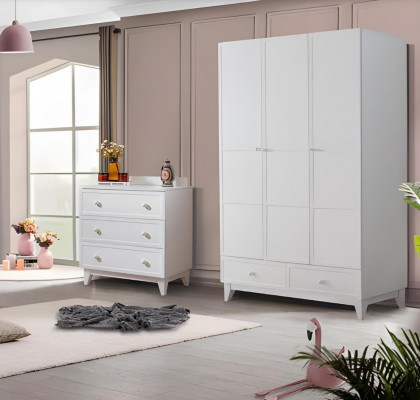 Luxuriéis Kannerzëmmer Wäiss Modern Garnitur Kleederschaf Kommode nei