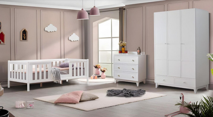 Betterahmen, Kannerbett, Bett, Kannerzëmmer, Kannerzëmmermiwwele, Wäiss, Holz, nei.