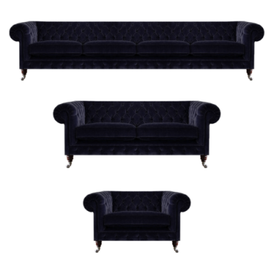 Komplett Wunnzëmmer Blo Véiersëtzer mat Zweesëtzer Sofaen Nei Sesseln Chesterfield