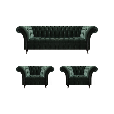 Wunnzëmmer Luxus Komplett Schwaarz Canapé Dräisëtzer Textil 2x Fautteuil Chesterfield