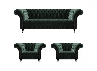 Wunnzëmmer Luxus Komplett Schwaarz Canapé Dräisëtzer Textil 2x Fautteuil Chesterfield