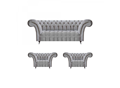 Grau Canapé-Set 3 Deeler 2x Fauteuil Polstermöbel Dräisëtzer Canapé Chesterfield