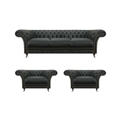 Luxus Schwaarz Wunnzëmmer Set 3 Stéck Chesterfield 2x Fauteuil Dräisiichter Canapé