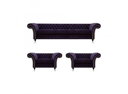 Wunnzëmmer Luxus Set 3 Stéck Ariichtung Lila Komplett Polstermöbel Chesterfield