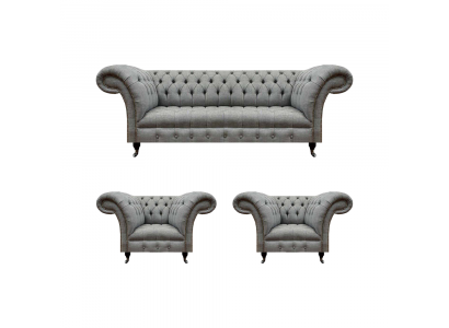Wunnzëmmer Set 3tlg Chesterfield Sofae Gro Textil Polstermöbel 2x Fotell.