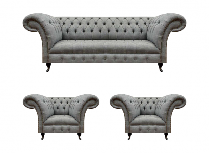 Wunnzëmmer Set 3tlg Chesterfield Sofae Gro Textil Polstermöbel 2x Fotell.
