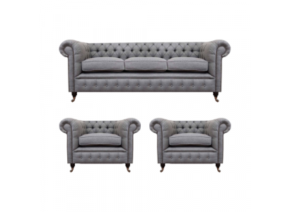 Grau Chesterfield Luxus Miwwelen Wunnzëmmer Set 3 Stéck Sofa Textil Fauteuil