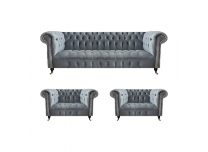 Komplett Set Sofagarnitur Chesterfield 2x Fotell Luxus Dräisëtzer Sofa Nei