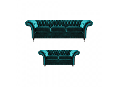 Chesterfield Luxus Design Ariichtung Gréng Drësëtzer mat Zweisëtzer Sofas