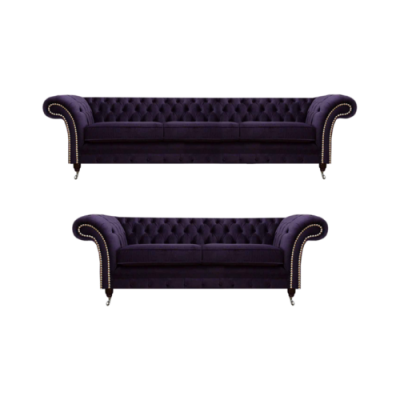 Lila Sofa Garnitur Dräisëtzer mat Zweisëtzer Sofas Luxus Chesterfield Polster.