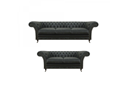 Modern schwaarz Chesterfield Wunnzëmmer Dräisëtzer mat Zwësëtzer Sofasen