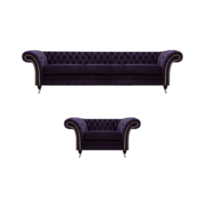 Komplett Set 2-delige Dräisëtzer Sofa Chesterfield Lila Fauteuil Wunnzëmmer Nei