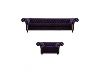 Komplett Set 2-delige Dräisëtzer Sofa Chesterfield Lila Fauteuil Wunnzëmmer Nei