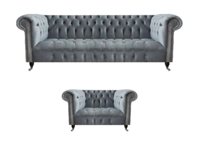 Wunnzëmmer Komplett Dräisëtzeger Sofa Couch Fauteuil Luxus Ariichtung Chesterfield