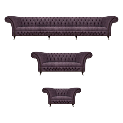 Luxus Design Canapé-Set 3tlg Chesterfield Lila Wunnzëmmer Polstersofaen