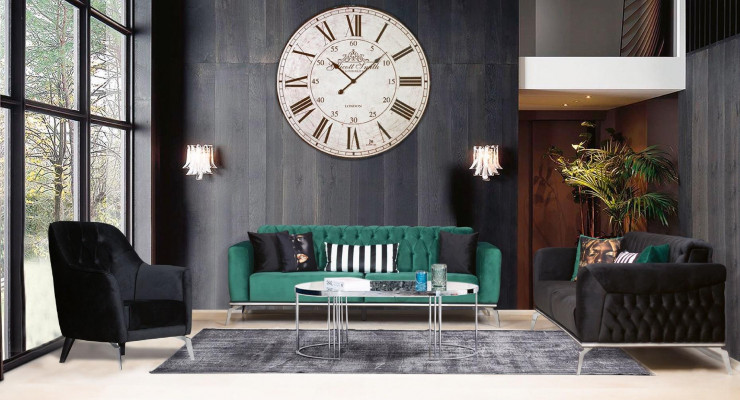 Modern Wunnzëmmer-Set 2 mëll Chesterfield Sofaen + modernen schwaarzen Fauteuil