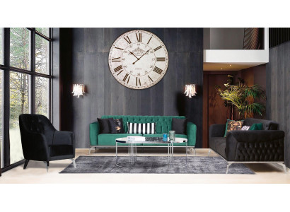 Modern Wunnzëmmer-Set 2 mëll Chesterfield Sofaen + modernen schwaarzen Fauteuil