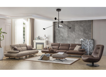 Sofagarnitur Sofa 4+3+1 Sëtzer Sessell Luxus Kënschtlech Lieder Bruin Grupp