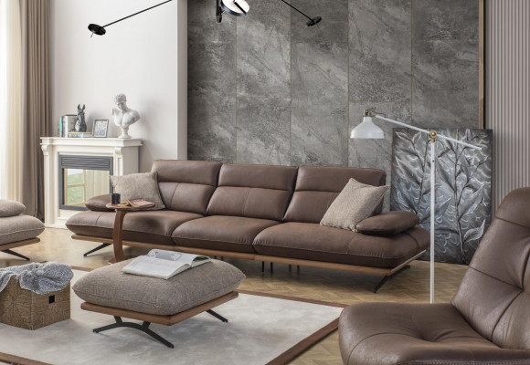 Sofagarnitur Sofa 4+3+1 Sëtzer Sessell Luxus Kënschtlech Lieder Bruin Grupp