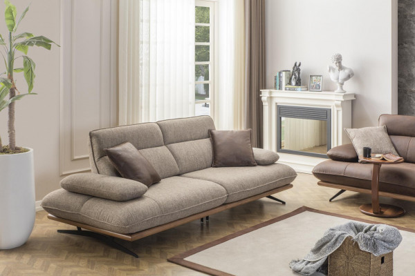 Sofagarnitur Sofa 4+3+1 Sëtzer Sessell Luxus Kënschtlech Lieder Bruin Grupp