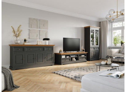 Wunnwand Holz Kommode + RTV Säitendësch Italienesch Landhaus Miwwelen 3-Teile Set Nei