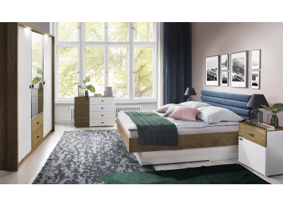 Design-Schlofzëmmer 5-Stéck Set Bett, Nuetsdëscher, Kommode, Kleederschaf